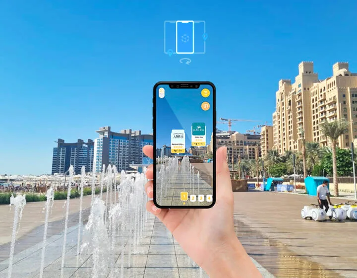 Mobile product interface presented against a blue coastal background